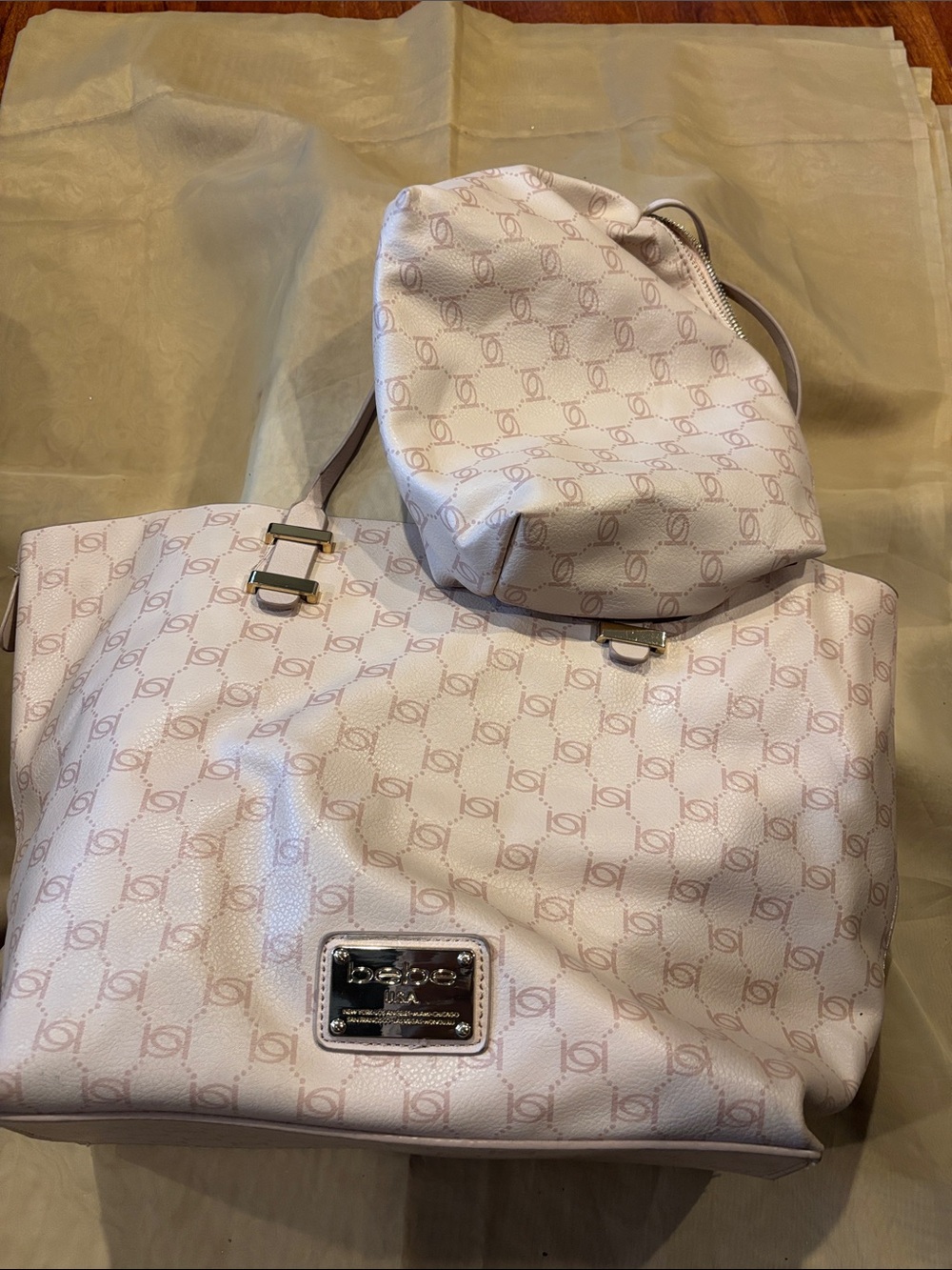 bebe Pale Pink Monogram Tote with Matching Pouch